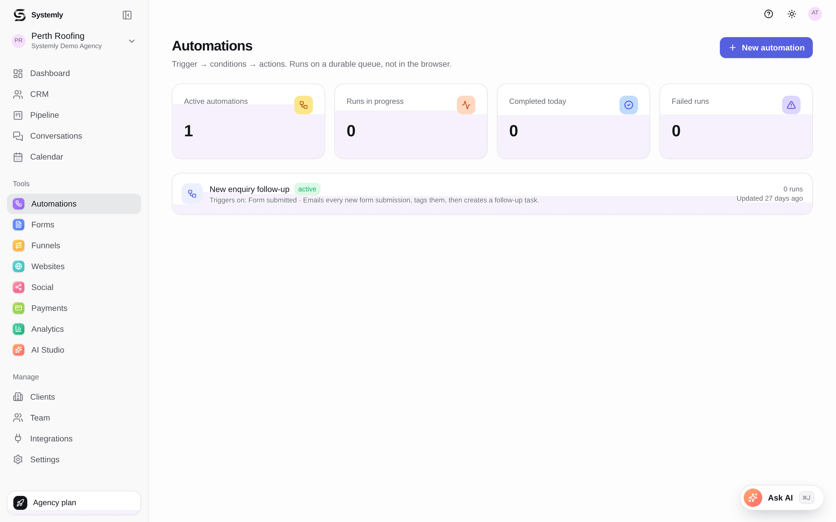 The Systemly automation builder showing a trigger, condition and action steps