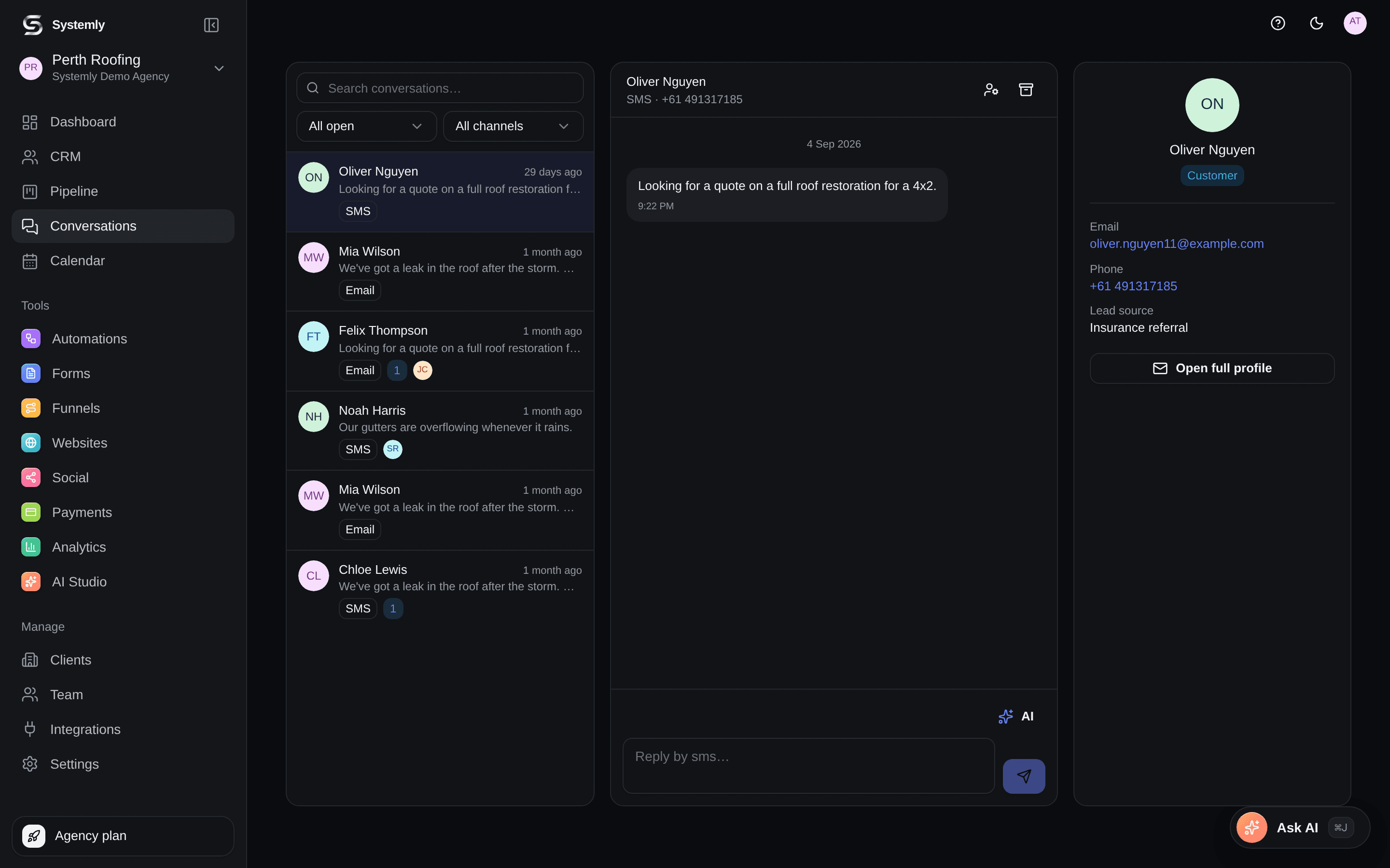 The Systemly unified inbox showing conversation threads with contact context