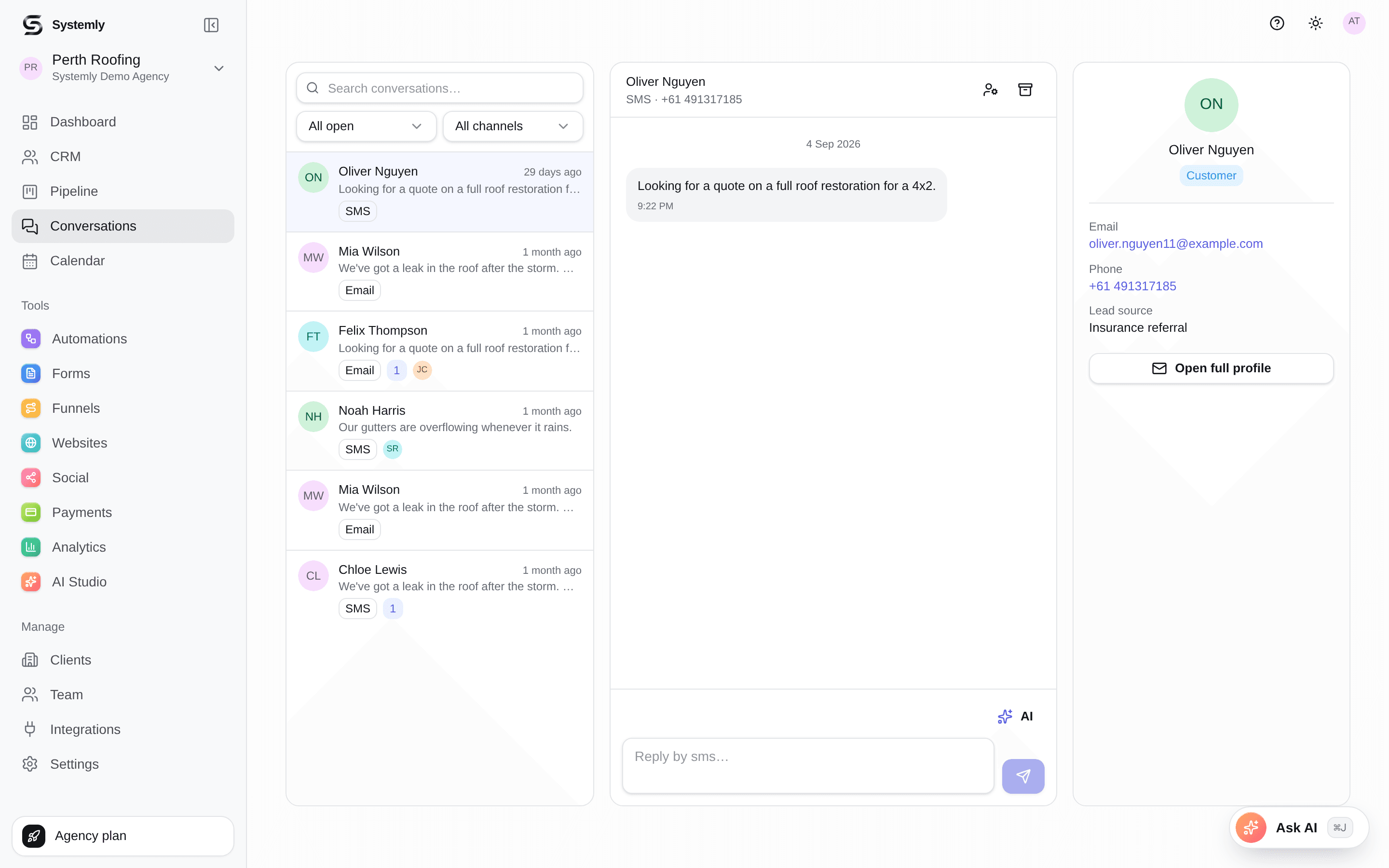 The Systemly unified inbox showing conversation threads with contact context