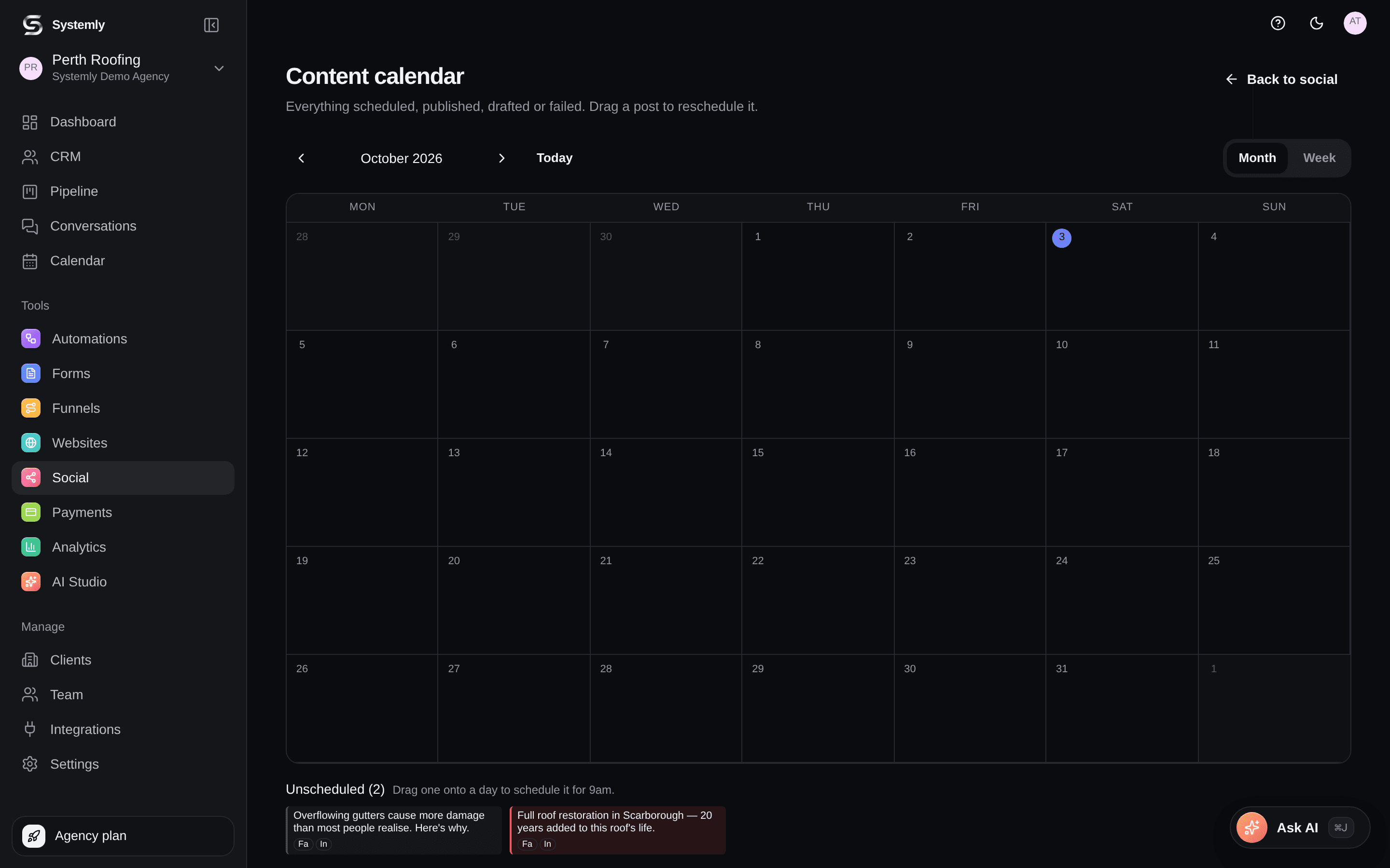 The Systemly social calendar showing scheduled posts across platforms