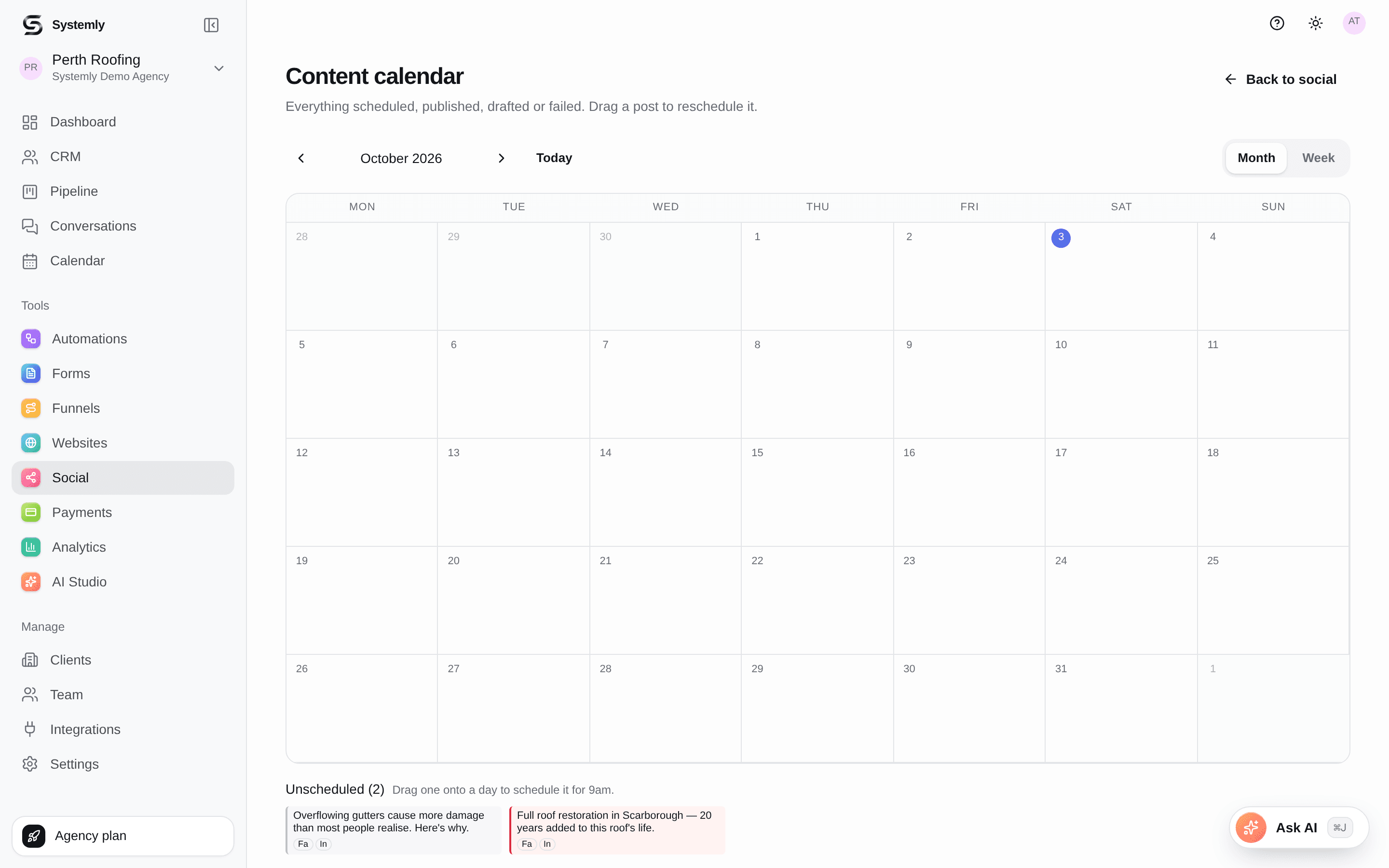 The Systemly social calendar showing scheduled posts across platforms